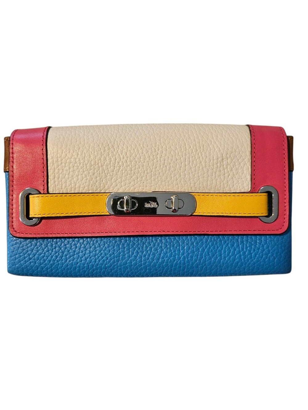 COACH Swagger Crossbody Clutch Colorblock Pebble Leather Multi Pink Yellow Blue